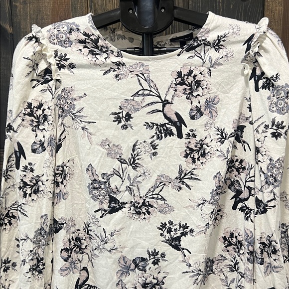 Who What Wear Floral Bird Dress S‎ NWT White Black Ruffle Balloon Sleeves Boho - Picture 5 of 12